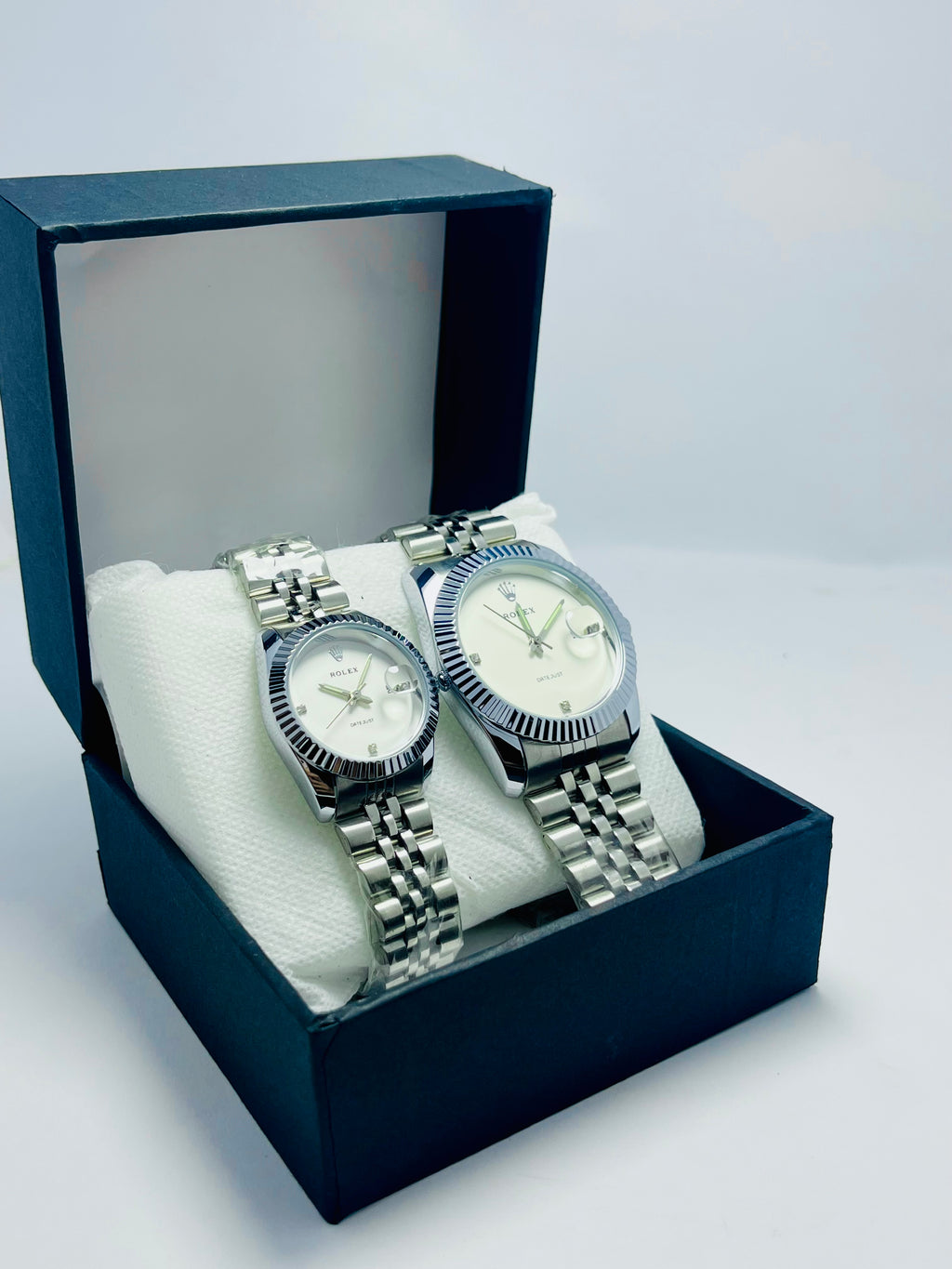 ROLEX COUPLE WATCH WITH WHITE DIAL SILVER BAND (DATE AND TIME)