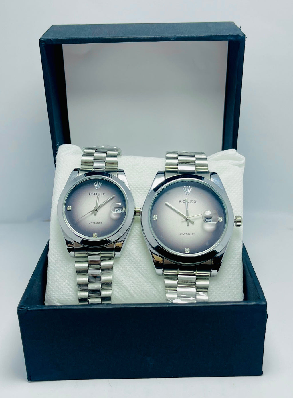 ROLEX COUPLE WATCH WITH WHITE AND GRAY DIAL SILVER BAND (DATE AND TIME)