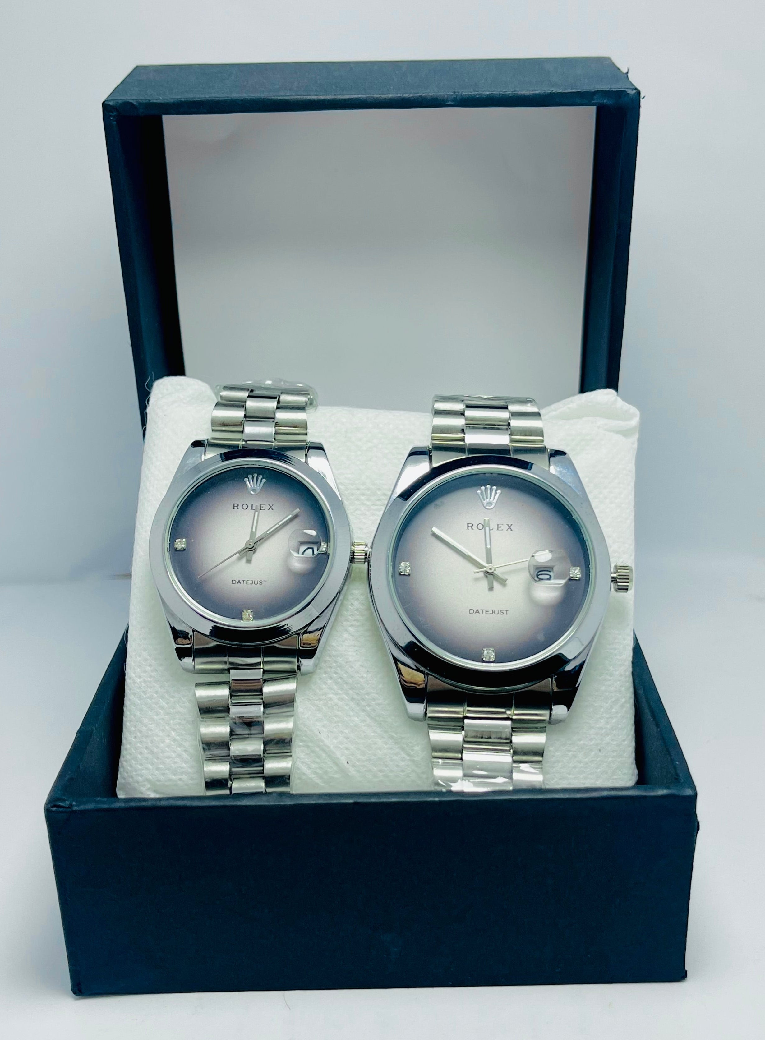 ROLEX COUPLE WATCH WITH WHITE AND GRAY DIAL SILVER BAND (DATE AND TIME)