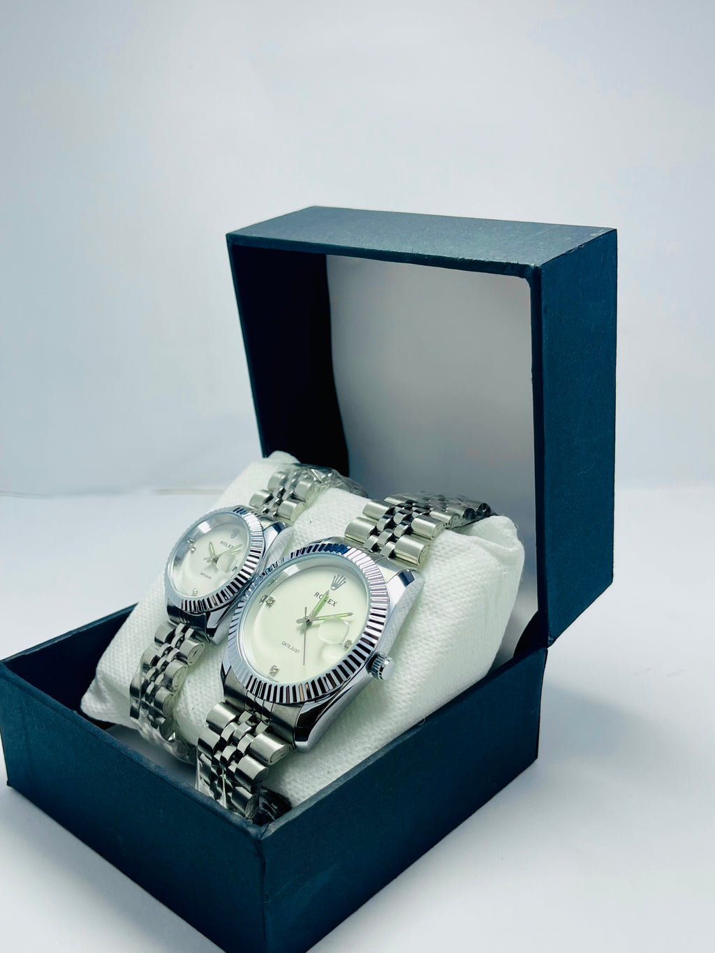 ROLEX COUPLE WATCH WITH WHITE DIAL SILVER BAND (DATE AND TIME)