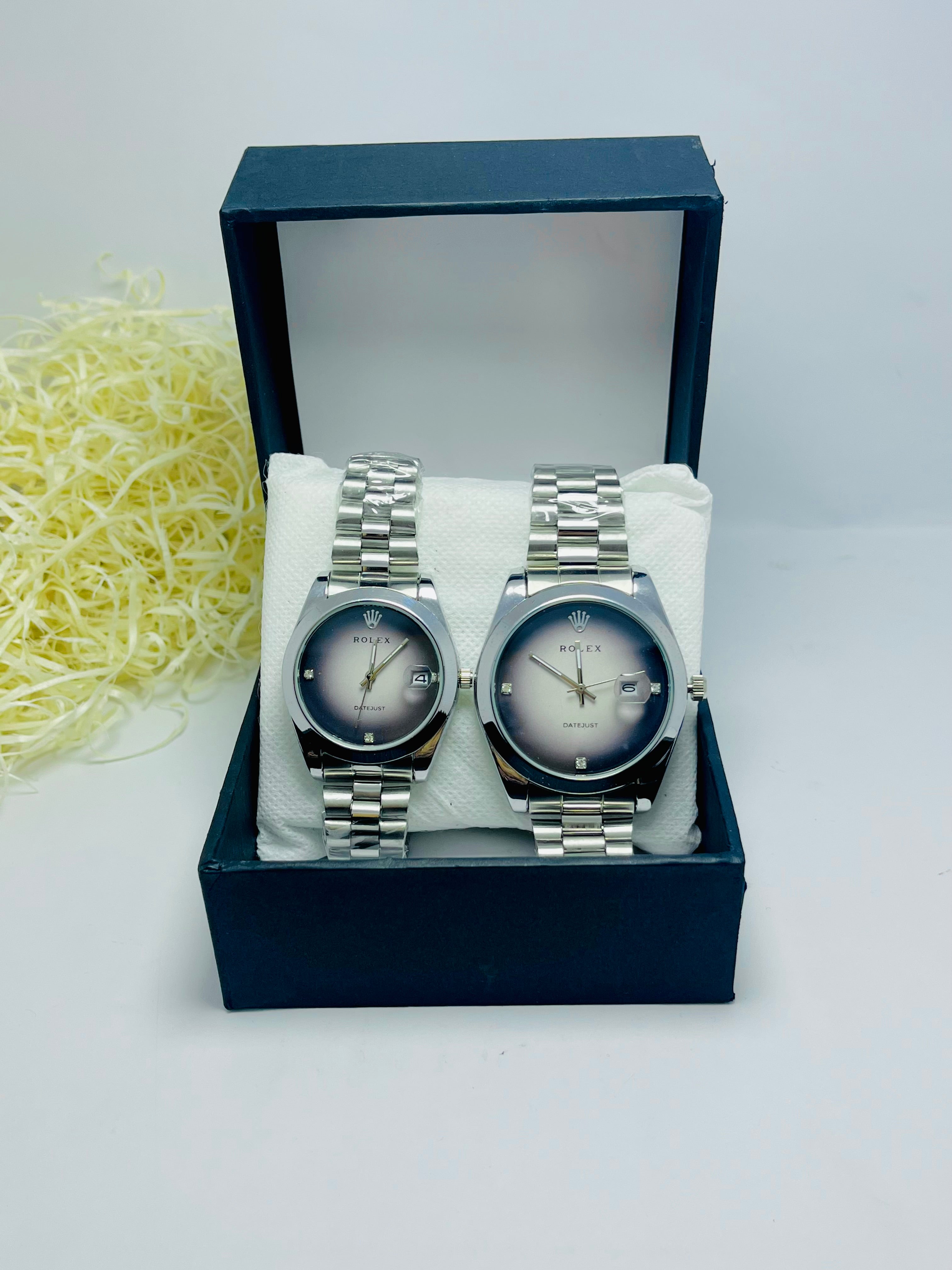 ROLEX COUPLE WATCH WITH WHITE AND GRAY DIAL SILVER BAND (DATE AND TIME)