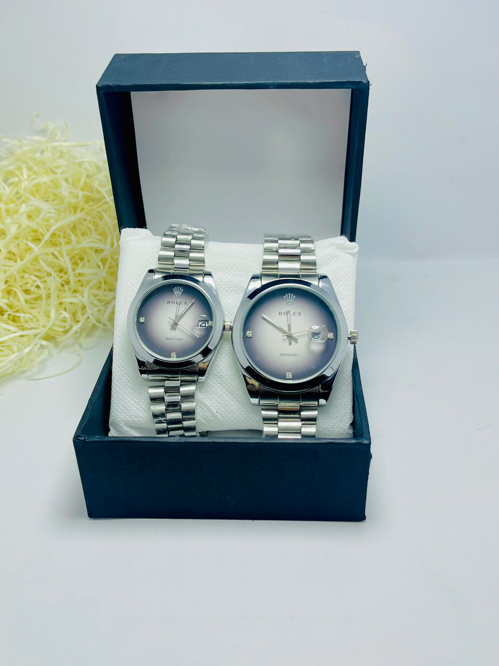 ROLEX COUPLE WATCH WITH WHITE AND GRAY DIAL SILVER BAND (DATE AND TIME)