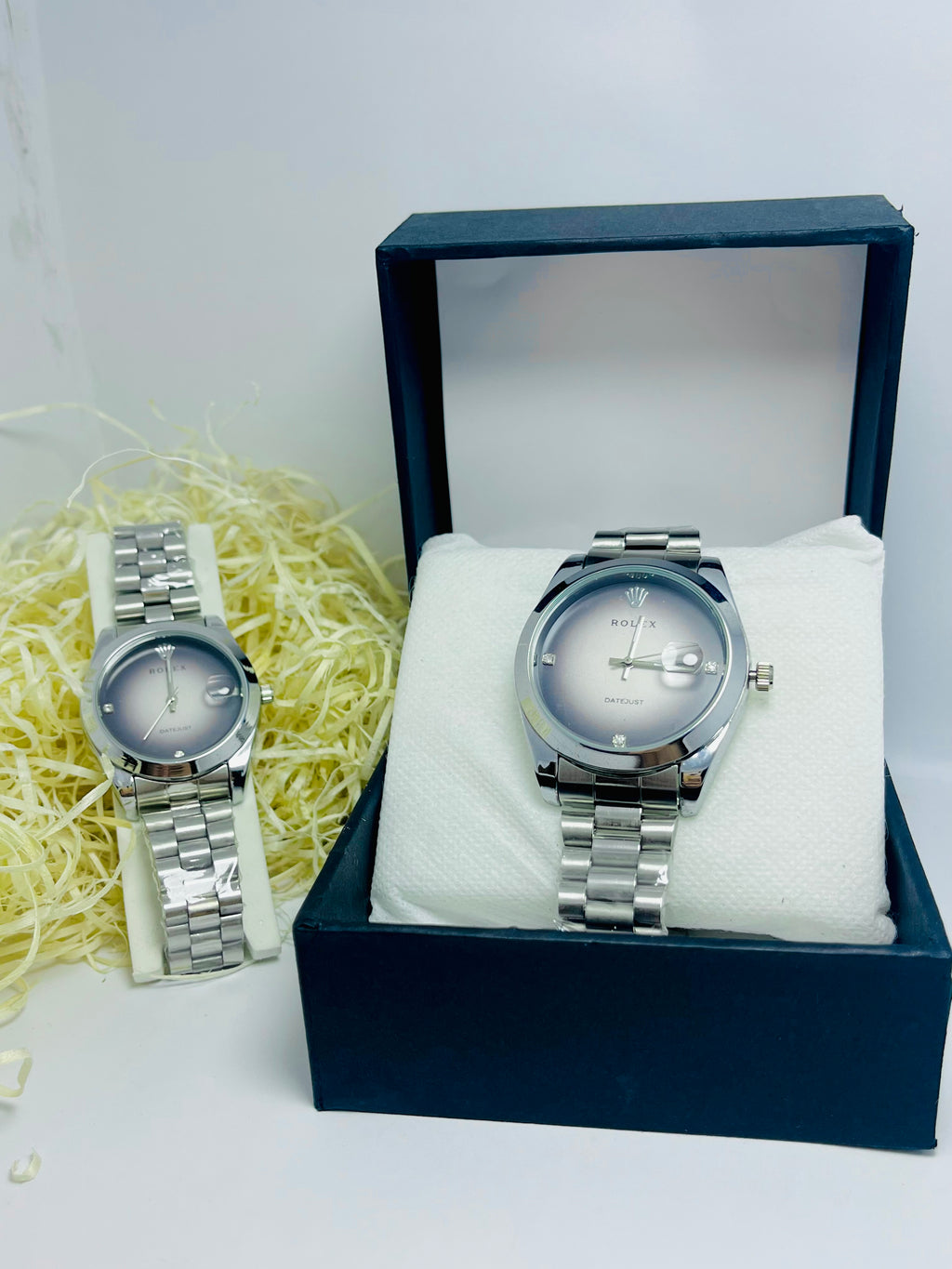 ROLEX COUPLE WATCH WITH WHITE AND GRAY DIAL SILVER BAND (DATE AND TIME)
