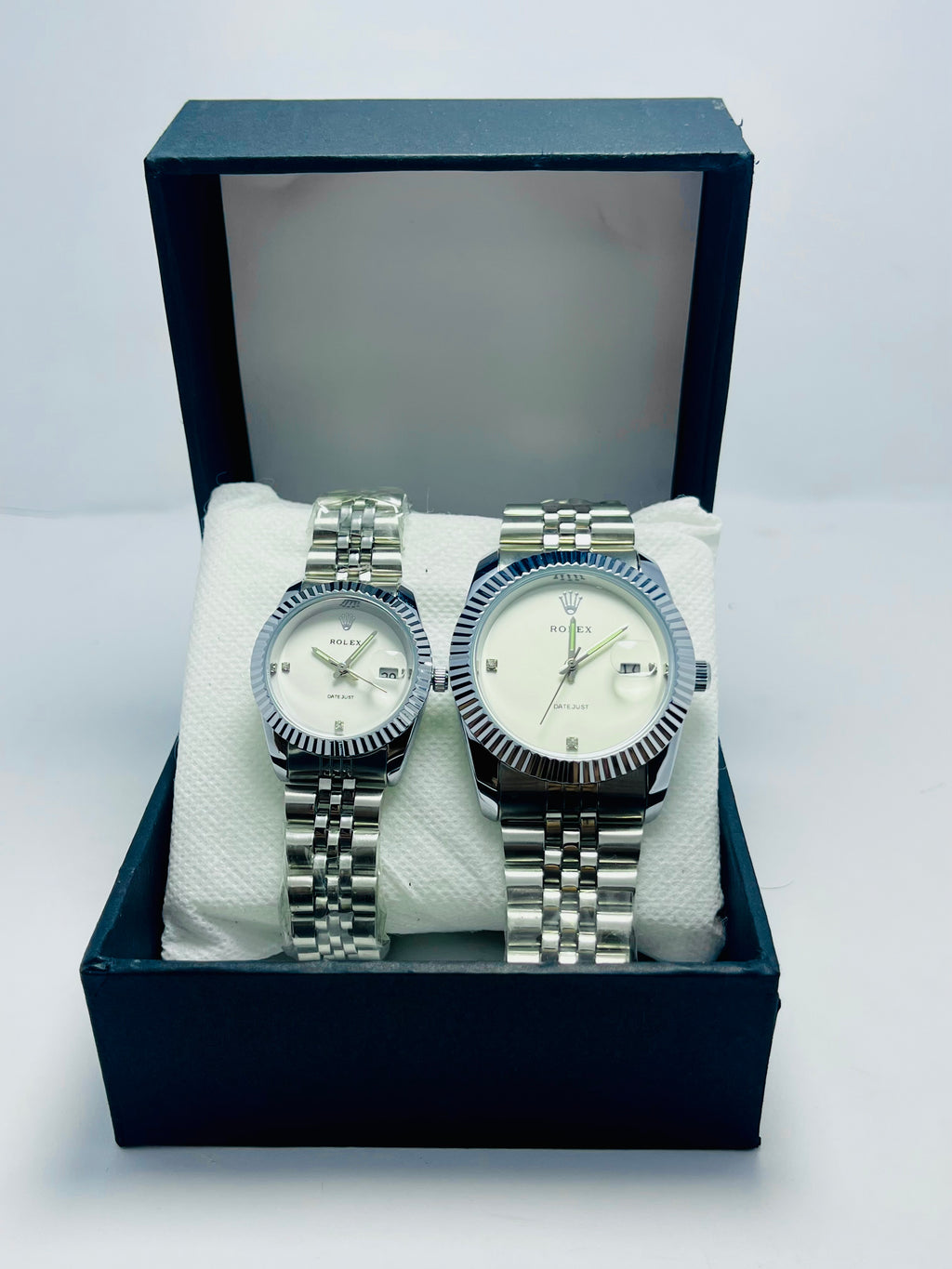 ROLEX COUPLE WATCH WITH WHITE DIAL SILVER BAND (DATE AND TIME)