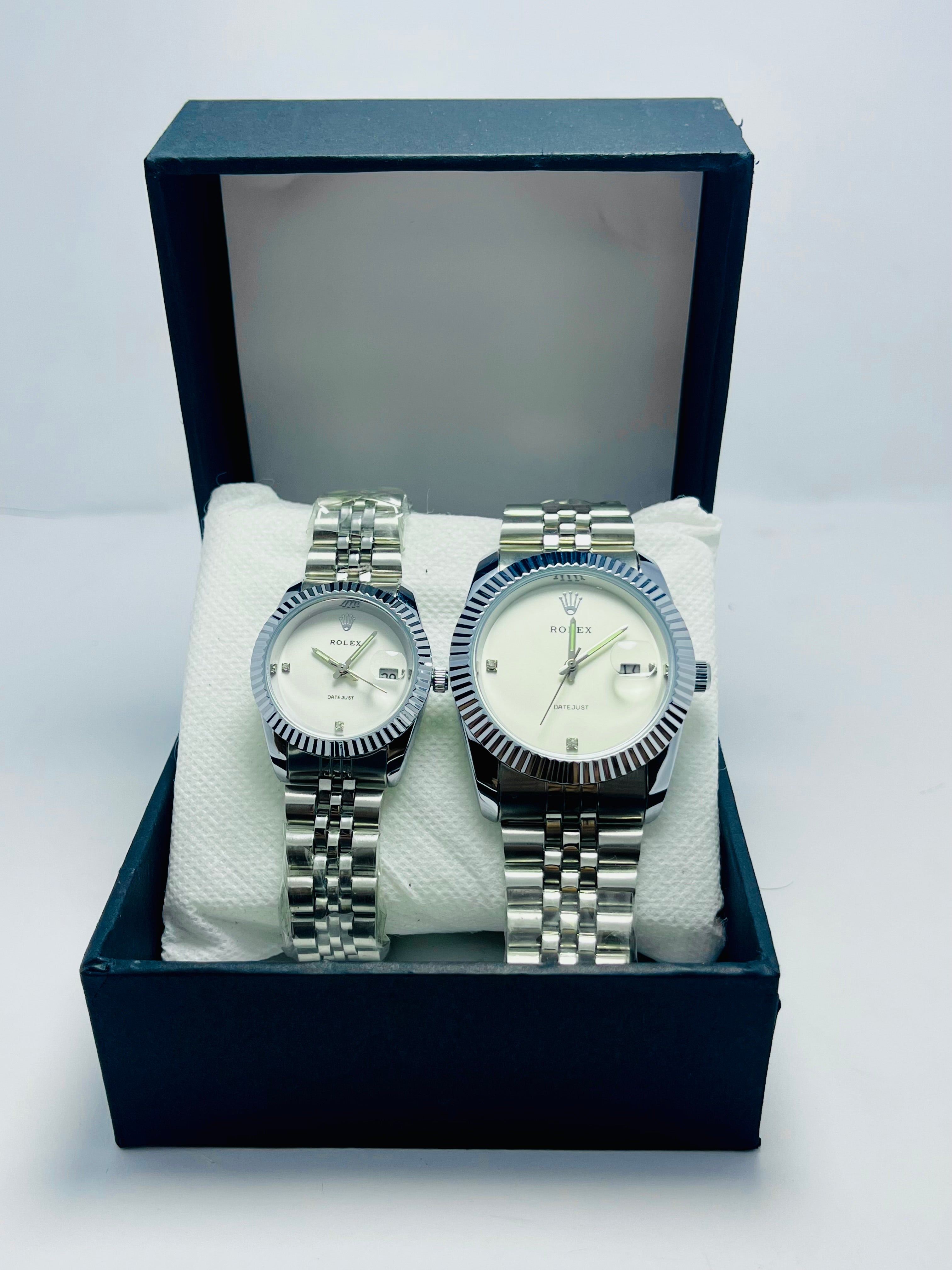 ROLEX COUPLE WATCH WITH WHITE DIAL SILVER BAND (DATE AND TIME)
