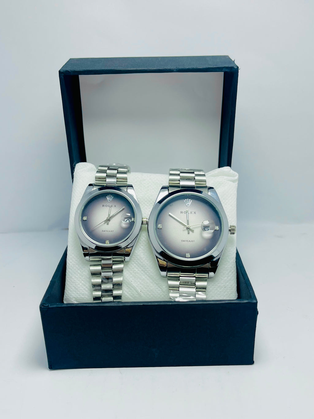 ROLEX COUPLE WATCH WITH WHITE AND GRAY DIAL SILVER BAND (DATE AND TIME)