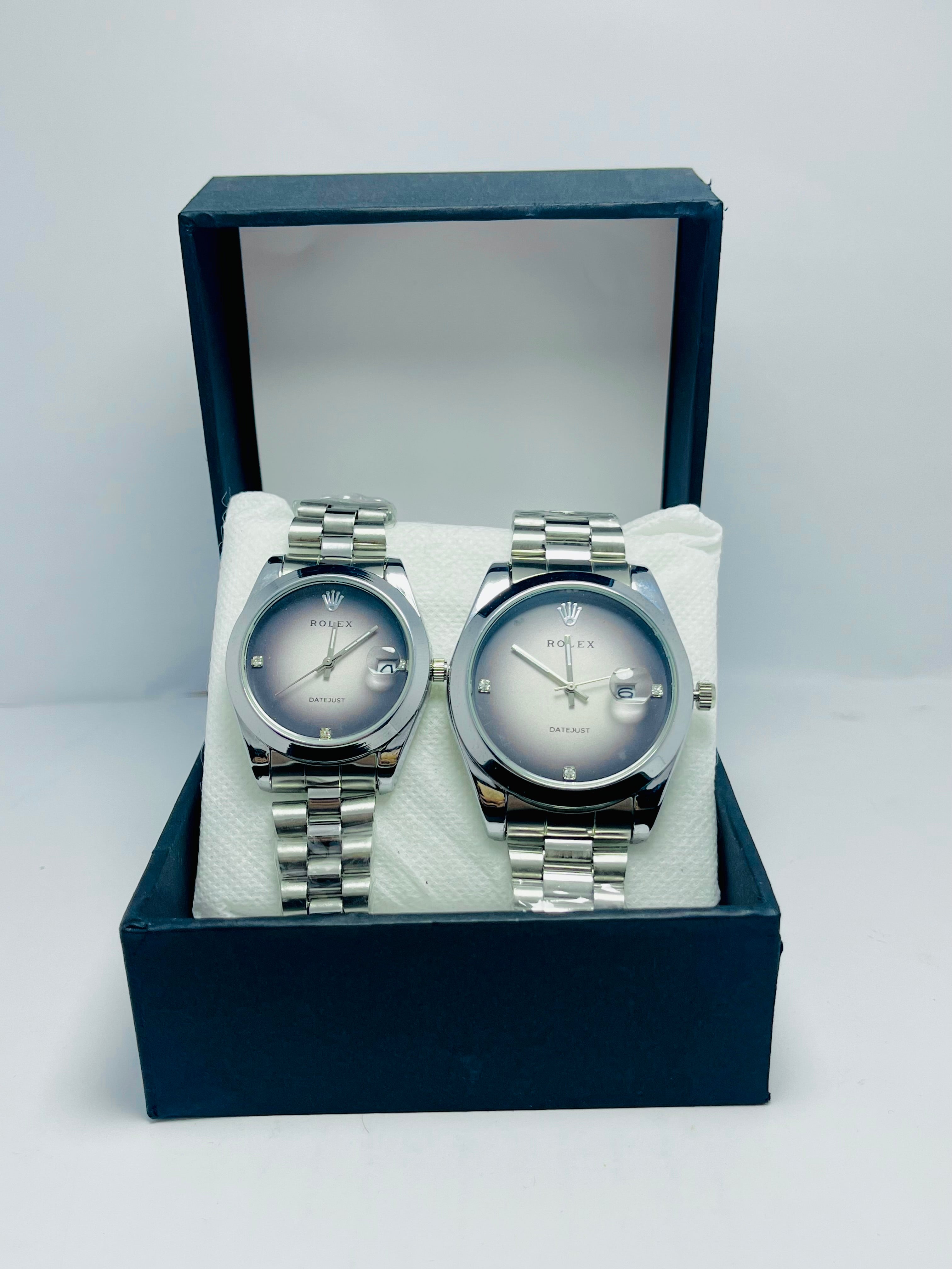 ROLEX COUPLE WATCH WITH WHITE AND GRAY DIAL SILVER BAND (DATE AND TIME)